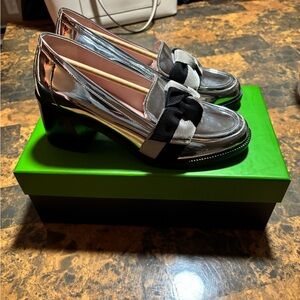 Kate Spade Metallic Silver Loafers with Black /Grey Ribbon